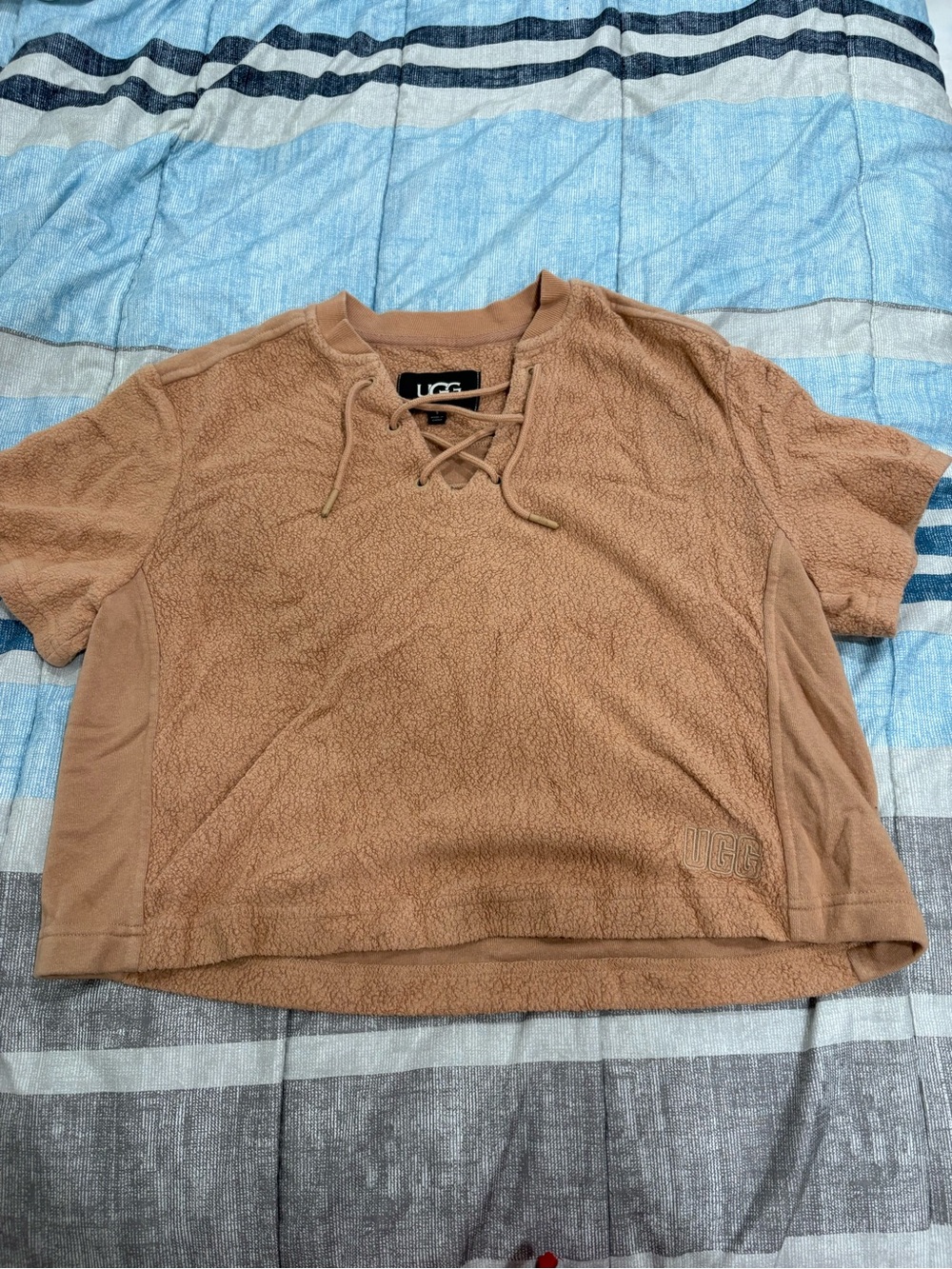 UGG Women's Tan Sherpa Lace-Up Short Sleeve Sweatshirt